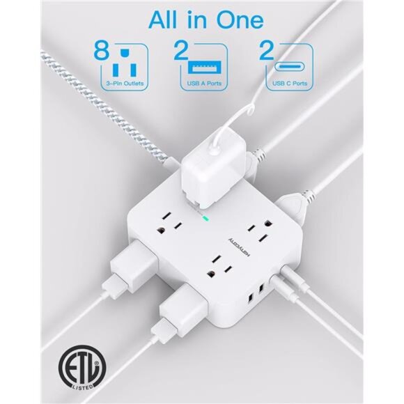 Surge Protector Power Strip - 8 Outlets with 4 USB (2 USB C) Charging Ports - Picture 2 of 8